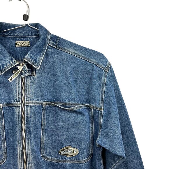 VTG Macgear Men Denim Jean Jacket Full Zip Patch Elbows Baggy Y2K Skater 90s XXL - Picture 4 of 7